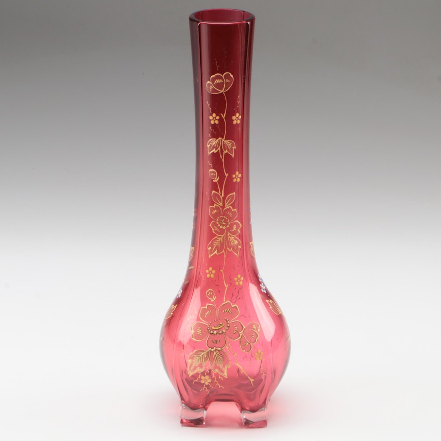 Moser Style Gilt and Enameled Cranberry Glass Vase, Late 19th/Early 20th C.