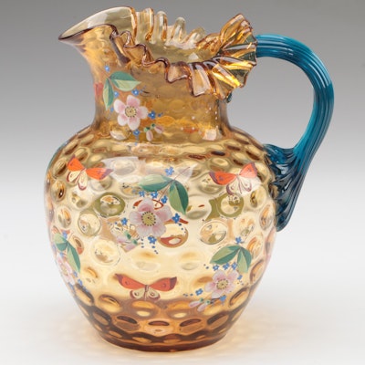 Bohemian Enameled Blown Glass Pitcher with Applied Handle and Butterfly Motif