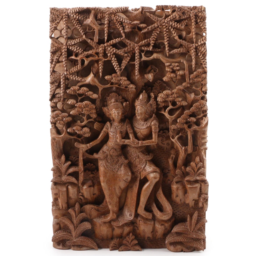 Indonesian Hand-Carved Teak Relief Wall Hanging, Late 20th Century
