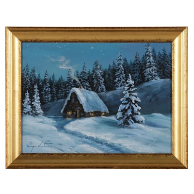 Jevgenijus Litvinas Landscape Oil Painting "Snowy Hut," 2021