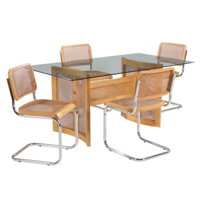 Mid Century Modern Caned Dining Set with Marcel Breuer Style Cantilever Chairs