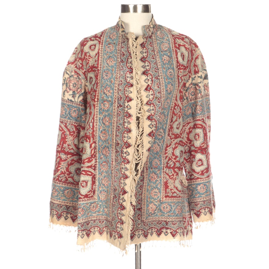 Nehru Collar Jacket in Indian Block Print Cotton Weave with Hand-Knotted Fringe