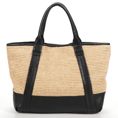 Annabel Ingall Woven Raffia Tote Bag with Black Leather Trim