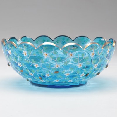 Moser Gilt and Enameled Blue Glass Bowl with Acorn Embellishments