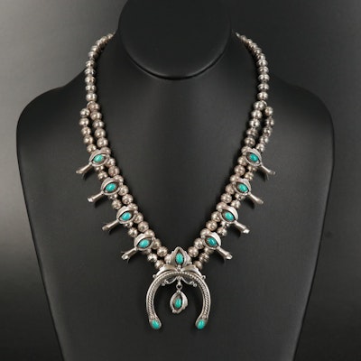 Willie Haley Navajo Diné Sterling Turquoise Squash Blossom Necklace