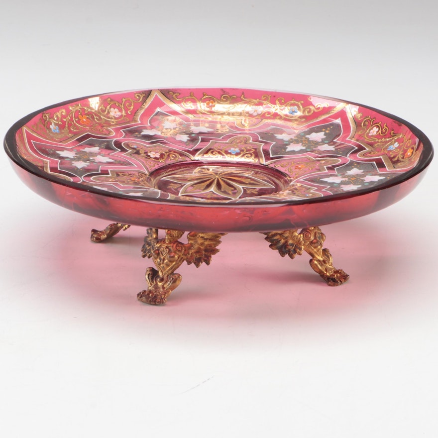Moser Bohemian Enamel and Jeweled  Cranberry Glass Tazza