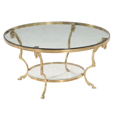 Round Glass Top Brass Coffee Table with Ram's Head Legs, Late 20th Century