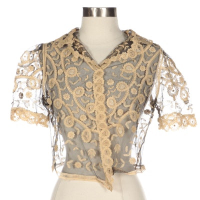 Floral Lace and Black Mesh Short Sleeve Jacket, Early 20th Century