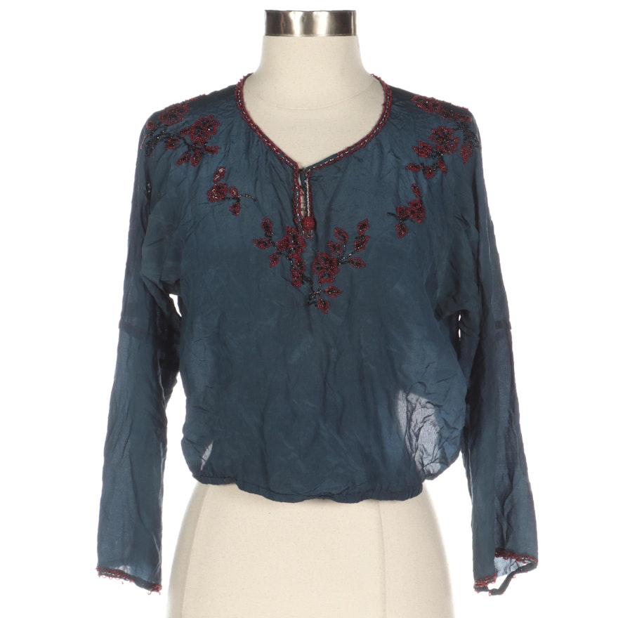 Czechoslovakian Inspired Floral Beaded Silk Cropped Blouse