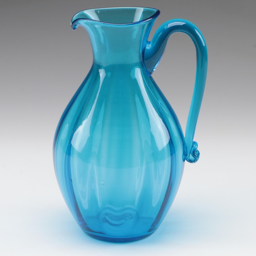 Blown Glass Blue Optic Ribbed Water Pitcher