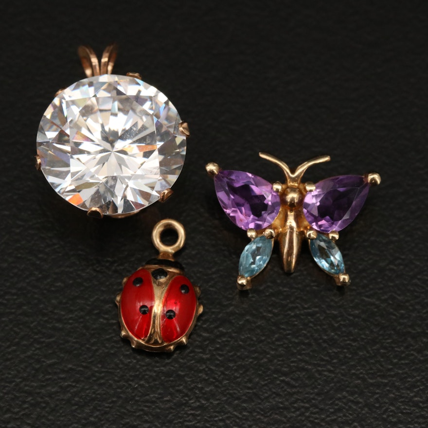 14K Amethyst and Topaz Butterfly and Ladybug, 10K Cubic Zirconia Pendants