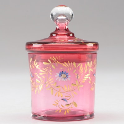Victorian Gilt and Enamel Decorated Cranberry Glass Vanity Jar
