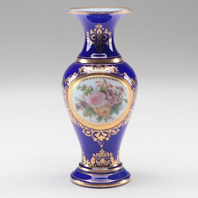 Bohemian Gilt Accented Cobalt Blue Glass Vase with Floral Motif, Early 20th C.