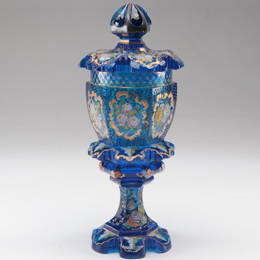 Moser Gilt and Enameled Floral Motif Blue Glass Lidded Compote