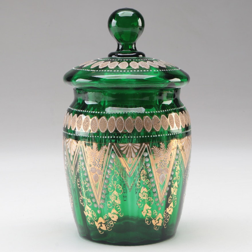 Moser Gilt and Enameled Green Glass Biscuit Jar, Late 19th Century