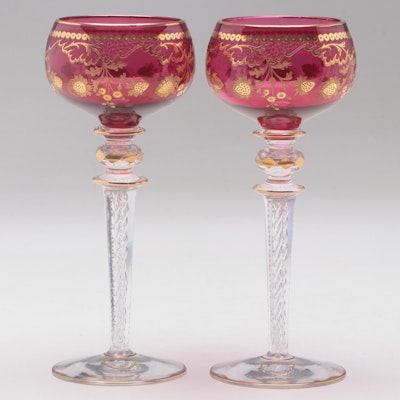 Moser Gilt Decorated Cranberry and Clear Glass Wine Glasses