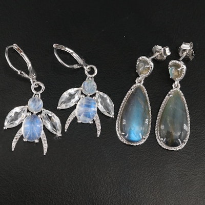 Insect and Pendulum Sterling Earrings with Labradorite and Rainbow Moonstone