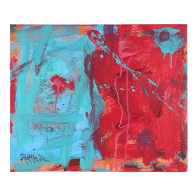 Robbie Kemper Abstract Acrylic Painting "Teal Red Halves," 21st Century