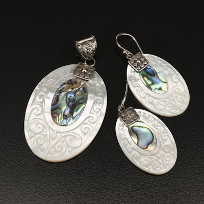 Robert Mause Sterling Mother of Pearl and Abalone Earrings and Pendant Set