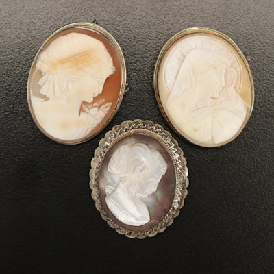 Vintage Cameo Converter Brooches Including 800 Silver