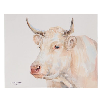 Ganna Melnychenko Watercolor Painting "Beige Cow Portrait," 2021