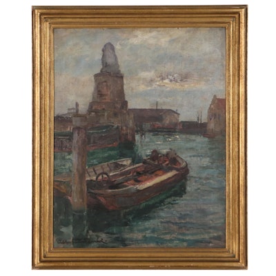 Albert Wenk Harbor Scene Oil Painting, Early 20th Century