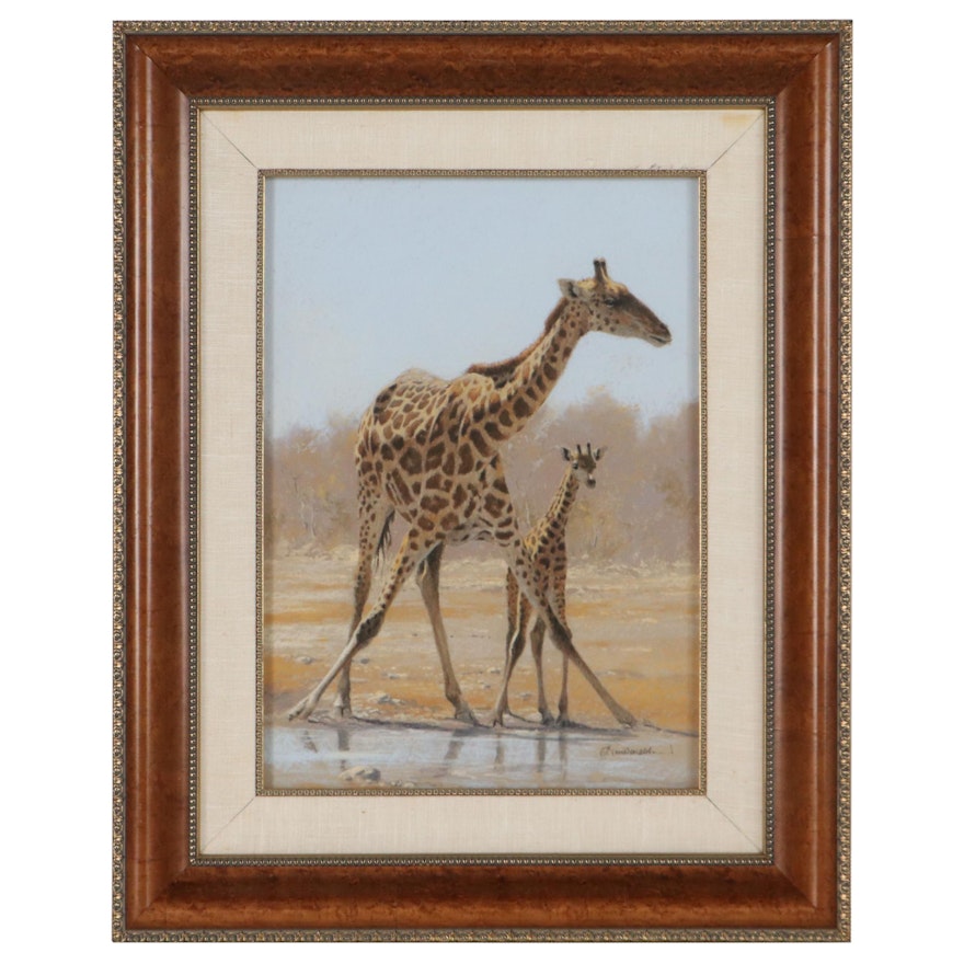 Pastel Drawing of Giraffes at a Watering Hole