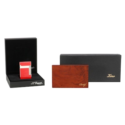 S.T. Dupont Ligne 2 Palladium and Red Lacquer Lighter, Davidoff Wooden Matchbox