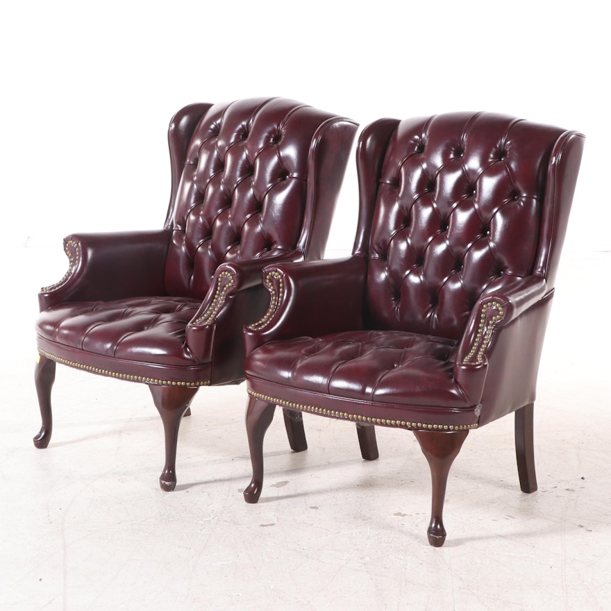 Pair of Hon Co. Queen Anne Style Tufted and Brass-Tacked Wingback Armchairs