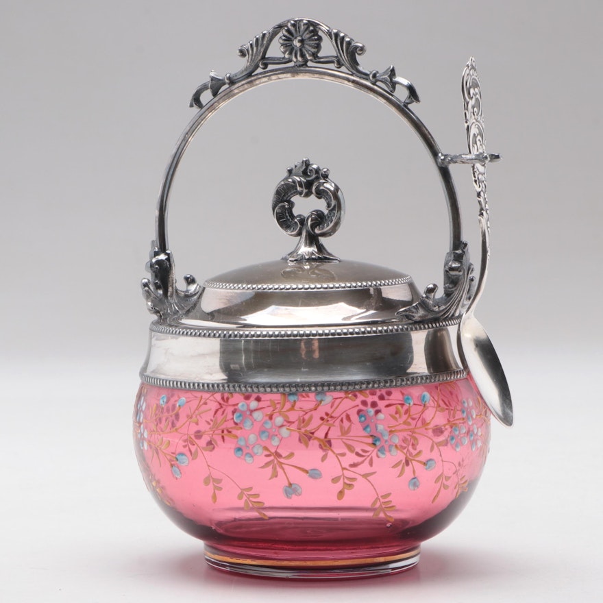Victorian Cranberry Glass and Silver Plate Sugar Bowl, Late 19th/ Early 20th C.