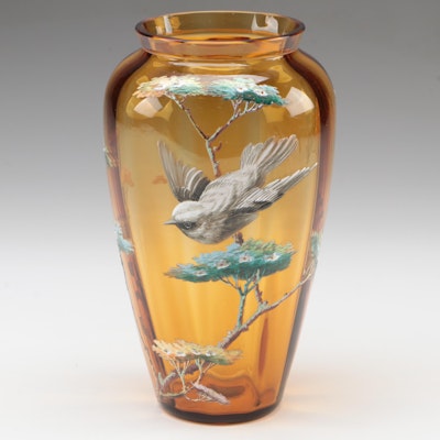 Moser Amber Glass Vase with Hand-Painted Sparrow and Trees