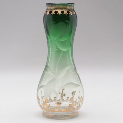 Moser Gilt with Intaglio Cut Floral Motif Green Ombré Glass Vase