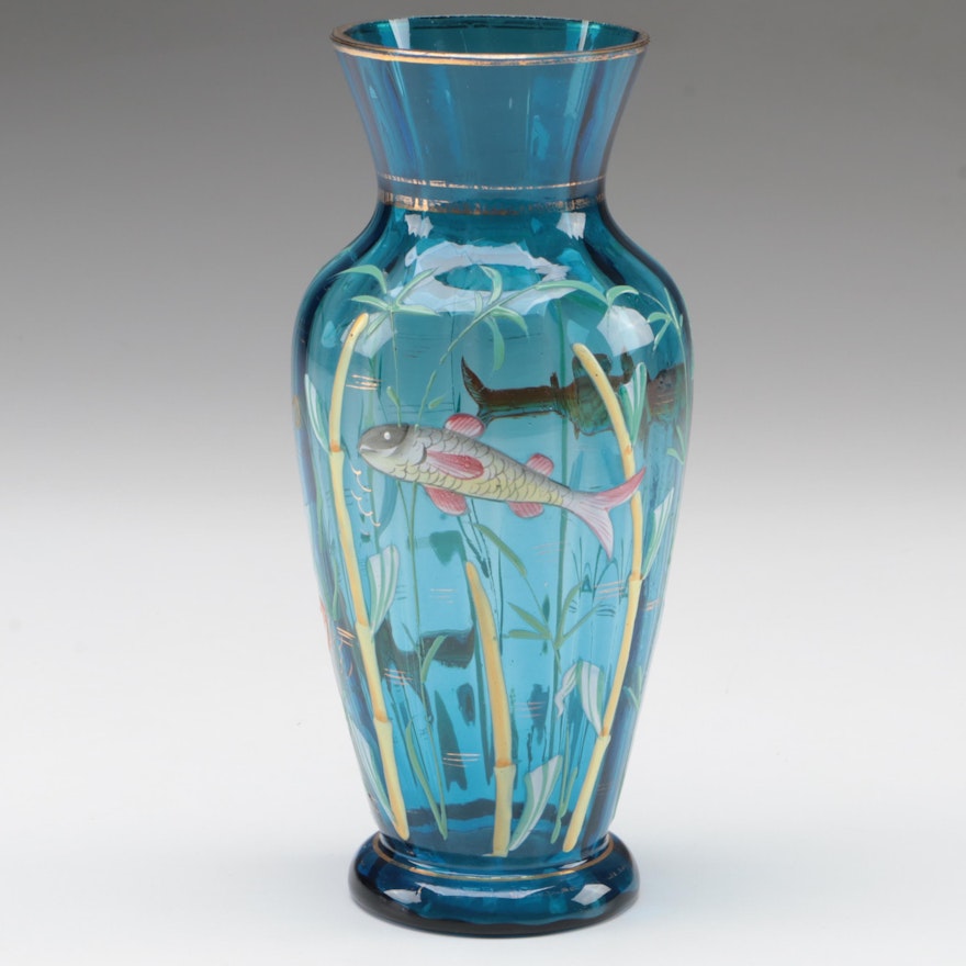 Harrach Blue Glass Vase with Hand-Painted Fish and Bamboo