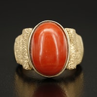 18K Coral Ring with Stippled Shoulders