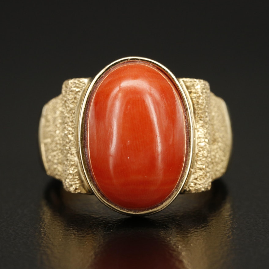 18K Coral Ring with Stippled Shoulders