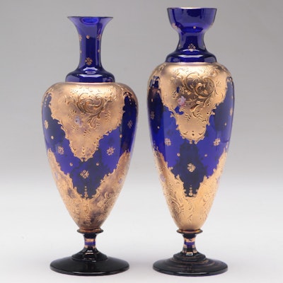 Bohemian Gilt and Enamel Cobalt Blue Art Glass Vases, Late 19th/ Early 20th C.