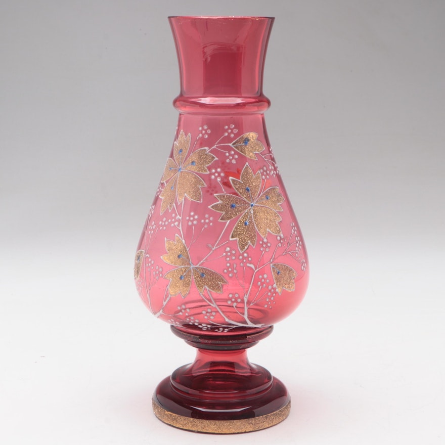 Moser Bohemian Gilt Coralene Enamel Decorated Cranberry Art Glass Vase