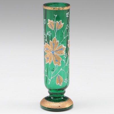 Moser Gilt and Enamel Floral and Foliate Green Glass Bud Vase