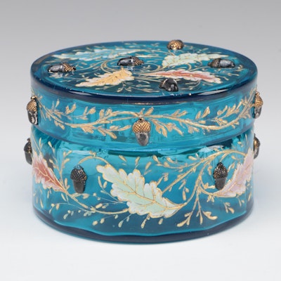 Moser Gilt and Enamel Blue Glass Lidded Box with Applied Acorns