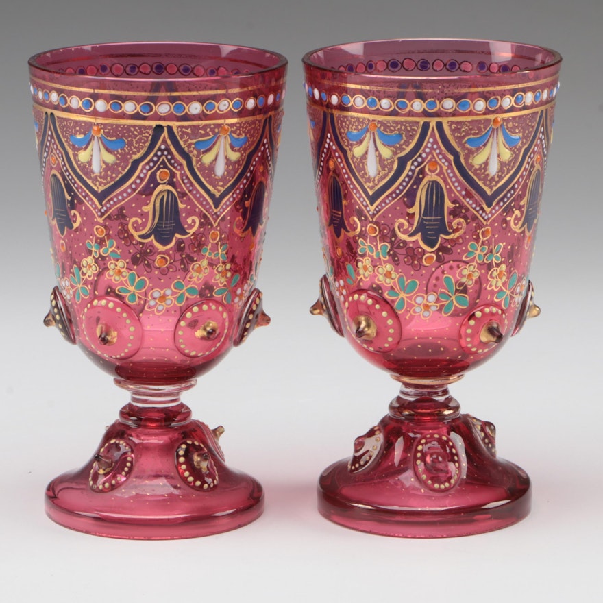 Moser Gilt and Enameled Cranberry Glass Goblets, Late 19th/Early 20th C.