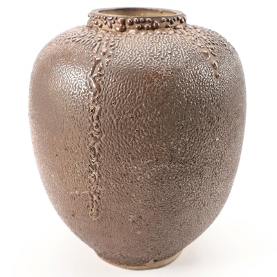 Wheel Thrown Pit Fired Textured Ceramic Vessel, Late 20th Century