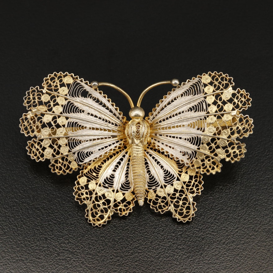 Vintage 800 Silver Filigree Butterfly Brooch