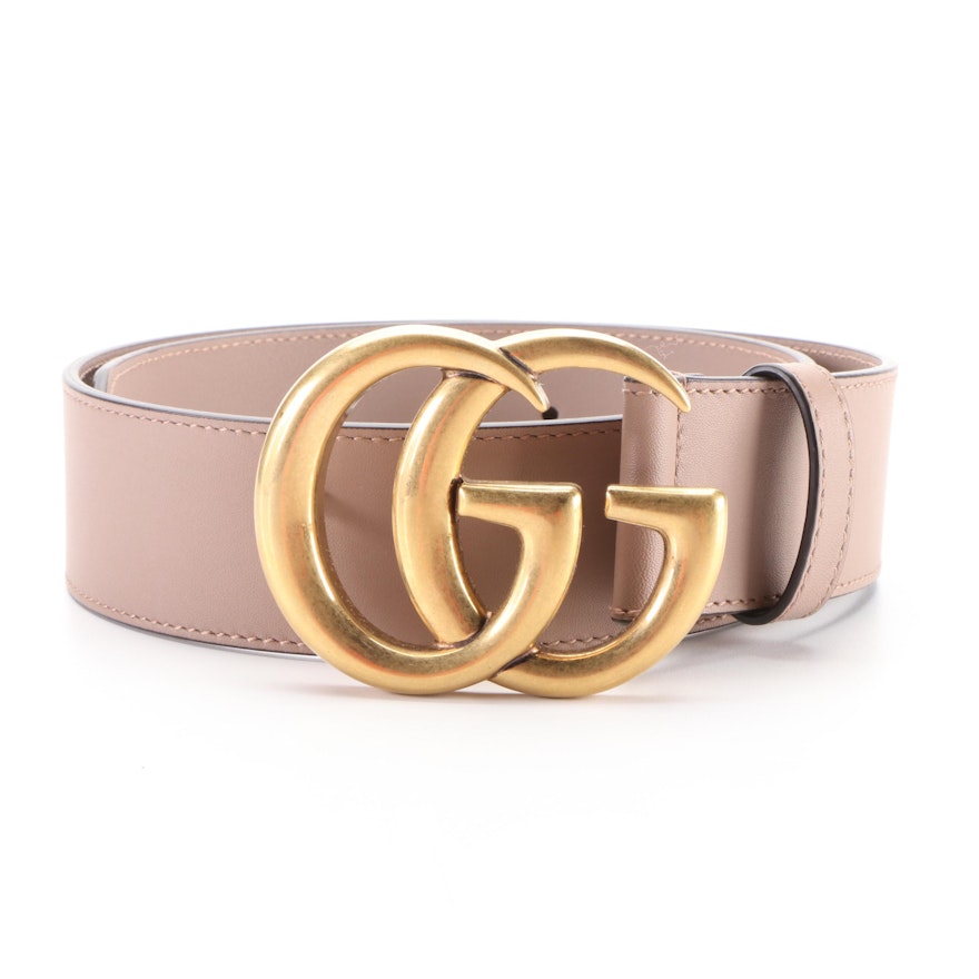Gucci Belt with Brass Double G in Dusty Pink Calfskin Leather with Box