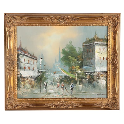 European Street Scene Oil Painting, Late 20th Century