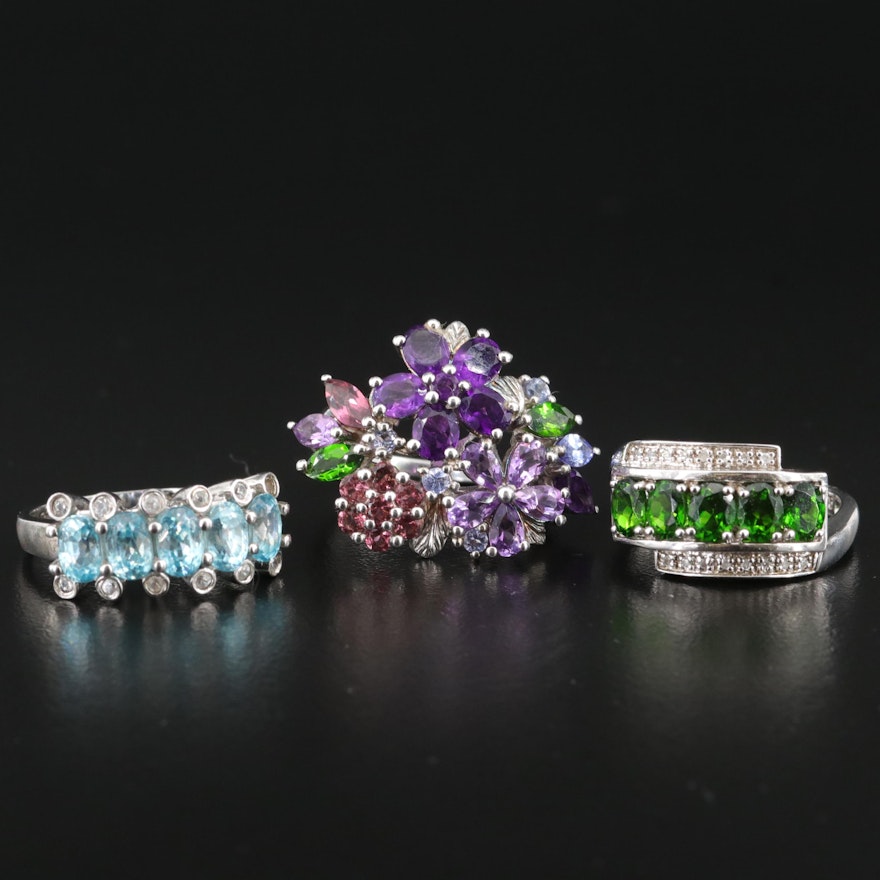 Sterling Rings Including Diopside, Topaz and Amethyst