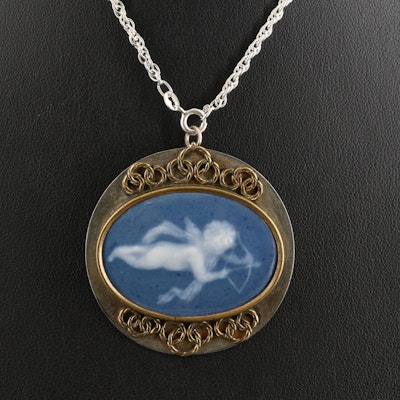 Porcelain Cupid Pendant on Italian Sterling Rope Chain