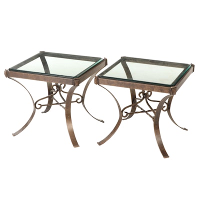 Pair of Wrought Iron and Glass End Tables With Faux Finish