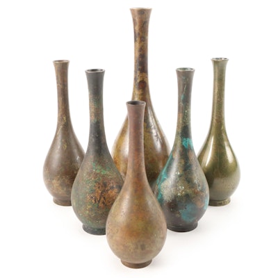 Japanese Patinated Bronze Bottle Vases, Mid-20th Century
