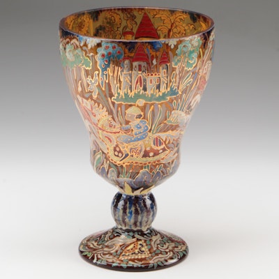 Royo Moser Spanish Market Hand-Painted Fanciful Enameled Amber Chalice, ca. 1925