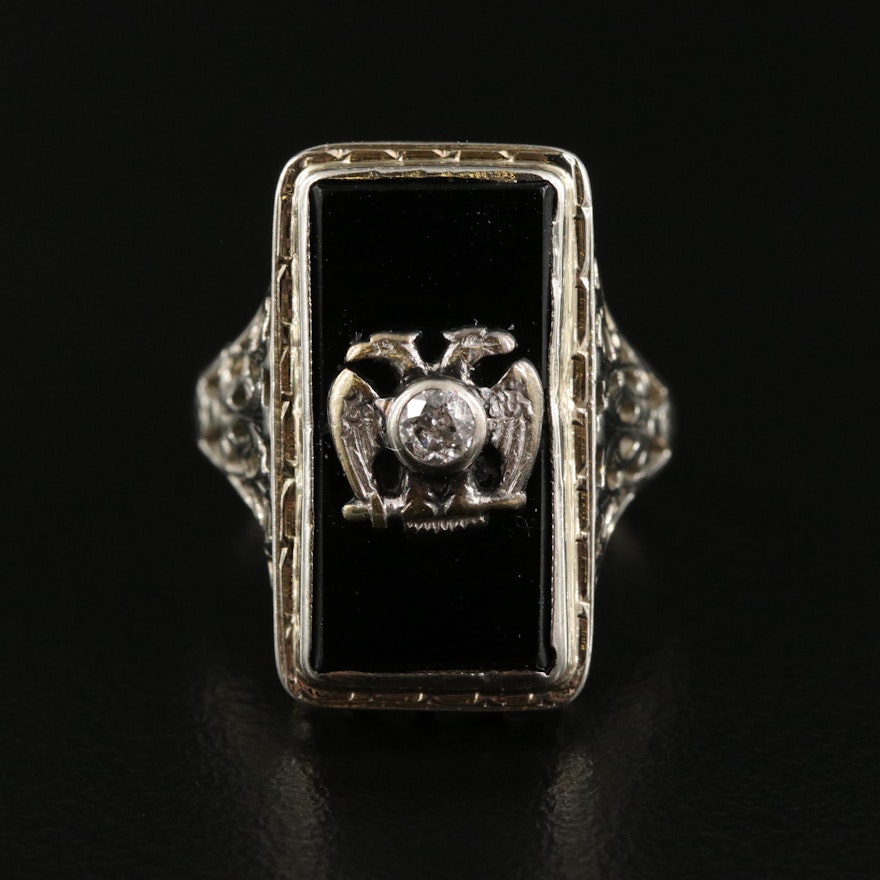 Masonic 18K Black Onyx and Diamond Scottish Rite Ring